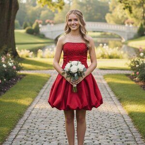 Red Satin Prom Dress with Rhinestones & Bow, Size 4